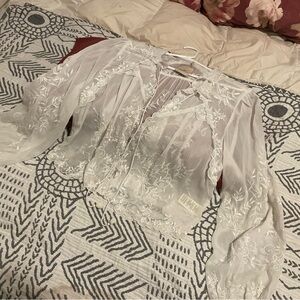 Free People Sheer White Embroidered Blouse